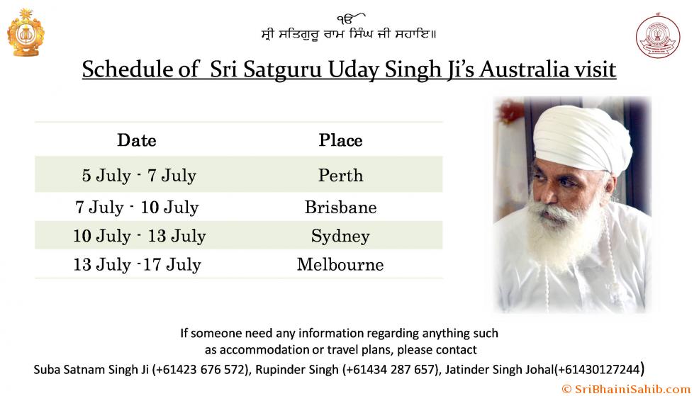 Schedule of Sri Satguru Ji's Australia tour  